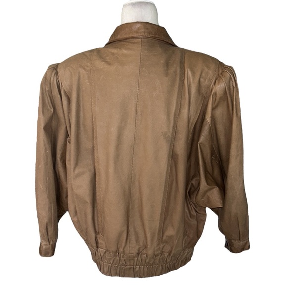 Vintage Georgetown Leather Tan Leather 80s Pleated Dolman Puff Sleeve Jacket - S - Picture 9 of 16